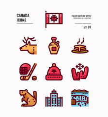 Canada icon set 1. Include Canada flag, Maple syrup, niagara fall, hockey, animal and more. Filled Outline icons Design. vector