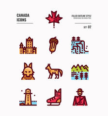 Canada icon set 2. Include Canada landmark, Maple leaf, landscape, red fox and more. Filled Outline icons Design. vector