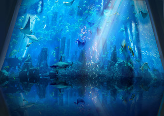 Under the water ocean sea life. Aquarium background with ruins, exotic fished, stingray, seahorses...