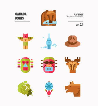 Canada icon set 3. Include Canada map, aboriginal, bear and more. Flat icons Design. vector