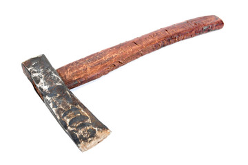 Old axe isolated on white background. Classic old ax with wood handle isolated
