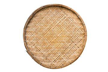 Old weave bamboo wood tray isolated on white background. Bamboo basket handmade isolated