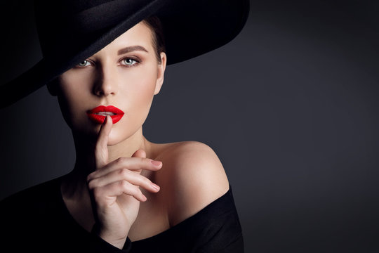 Woman Black Hat, Elegant Fashion Model Beauty Portrait, Finger on Lips Silent Gesture
