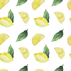 Seamless watercolor pattern with bright yellow lemons on a white background. Watercolor illustration in natural style for t-shirts, fabrics, stickers, packaging paper, decoration