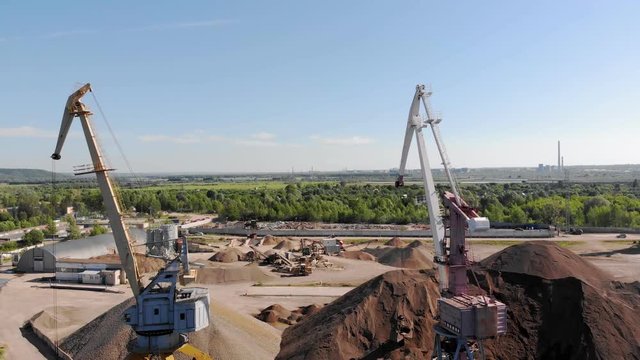 Cargo river port. Summer day. Aerial shooting