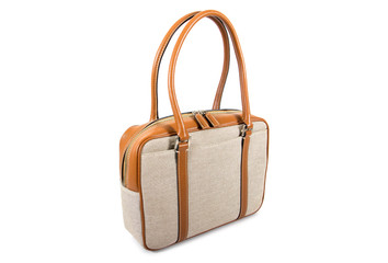 Side of business handbag isolated on white background. Brown leather with fabric document handbag isolated