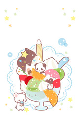 暑中見舞い・アイスパフェデザート・かわいいパンダ・猫・シマエナガ・しろくまのイラスト