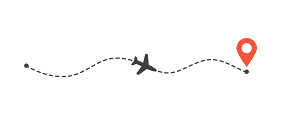 Airplane flight path to location mark. Plane route line. Tourism and travel illustration