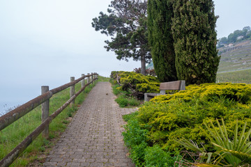 Brick pathway with wooden rail at viewpoint in rural area of Switzerland on cloudy sky background , copy space