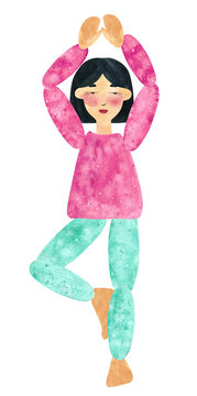 Hand drawn watercolor collage of a girl with dark hair in pink shirt, turquoise pants, making yoga pose. Illustration for magazine or advertisement. Includes clipping path.