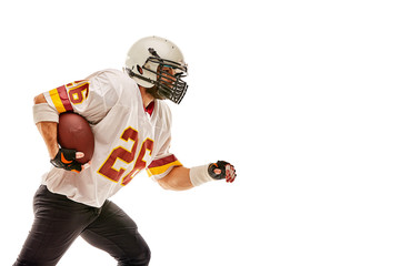 American football player in motion with the ball on a white background with a light line, copy space. The concept of the game is American football, movement.