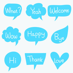 Vector set of speech bubbles in comic style. Hand drawn set of dialog windows with phrases: Hi, Hello, Thank you, Yes, Wow, Bye, Welcome, I love you