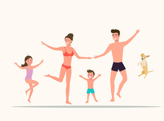 Mother and father with children and dog  jumps. Happy family isolated.Vector flat style illustration