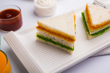 Tricolor Tiranga sandwich with orange and green chutney perfect picture for Indian republic / independence day greeting