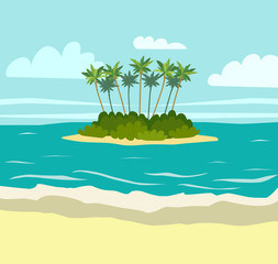 Fototapeta Tropical island with palm trees, ocean. Vector flat style illustration obraz