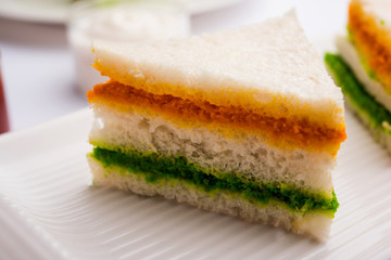 Tricolor Tiranga sandwich with orange and green chutney perfect picture for Indian republic / independence day greeting