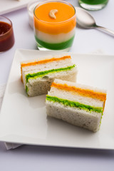 Tricolor Tiranga sandwich with orange and green chutney perfect picture for Indian republic / independence day greeting