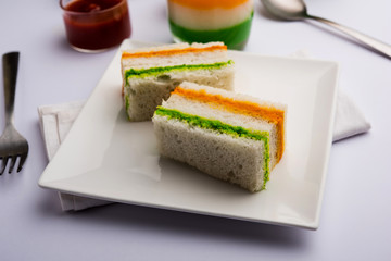 Tricolor Tiranga sandwich with orange and green chutney perfect picture for Indian republic / independence day greeting