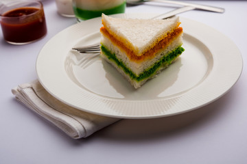 Tricolor Tiranga sandwich with orange and green chutney perfect picture for Indian republic / independence day greeting