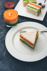 Tricolor Tiranga sandwich with orange and green chutney perfect picture for Indian republic / independence day greeting