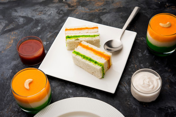Tricolor Tiranga sandwich with orange and green chutney perfect picture for Indian republic / independence day greeting