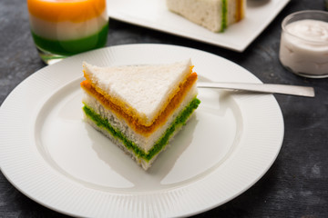 Tricolor Tiranga sandwich with orange and green chutney perfect picture for Indian republic / independence day greeting