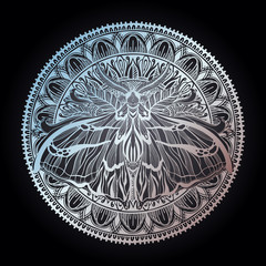 Magic Talisman religion Asian. Black color graphic in white background. Butterfly moth mandala illustration .