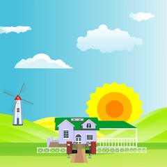Flat illustration of Countryside view, farm village in summer Landscape vector. Sun and sun rays