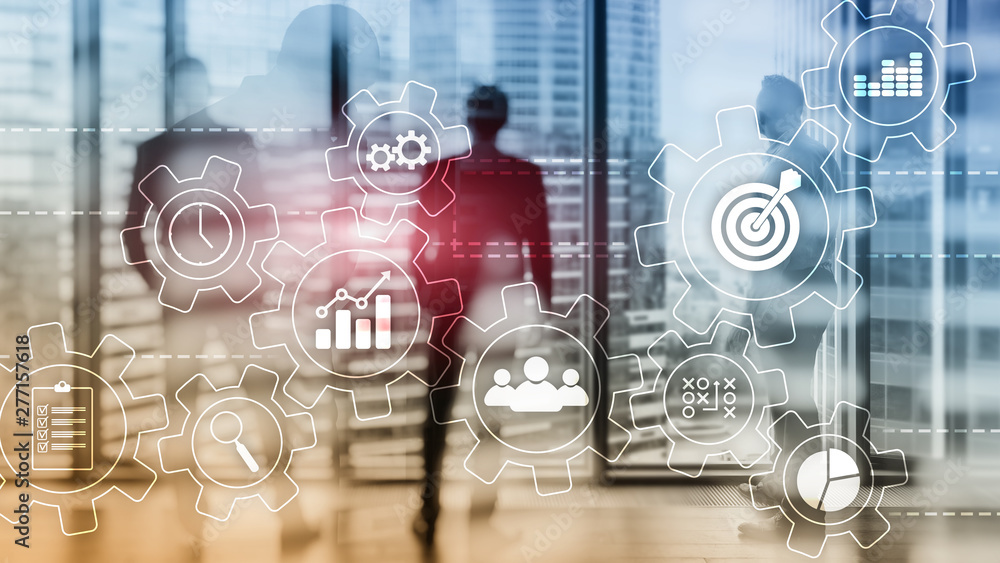 Poster business process automation concept. gears and icons on abstract background.