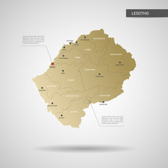 Obraz premium Stylized vector Lesotho map. Infographic 3d gold map illustration with cities, borders, capital, administrative divisions and pointer marks, shadow; gradient background. 
