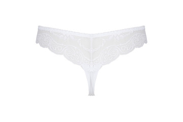 Beautiful female lacy white panties isolated on white background. Sexy underwear