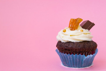 One delicious cupcake on a pink background. White air cream cake decorated with chocolate and candied fruit. Cupcake in a blue paper cup. The concept of holiday and birthday.