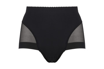 Beautiful female lacy black panties isolated on white background. Sexy underwear