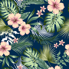 vector seamless botanical tropical pattern with flowers. Lush foliage floral design with monstera leaves, areca palm leaves, fan palm, hibiscus flower, frangipani flower. Modern allover background. © seninaekaterina