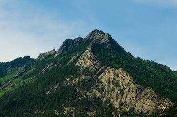 Rocky fantastic beautiful mountain peak with pine forest at the foot