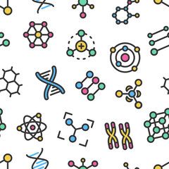 Atoms, molecules, dna, chromosomes colorful vector seamless pattern with outline. Pharmacy and chemistry, education and science elements and equipment