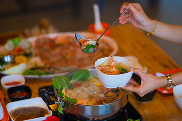 Selective focus Shabu Shabu and Sukiyaki, Japanese food with grill and pot boil