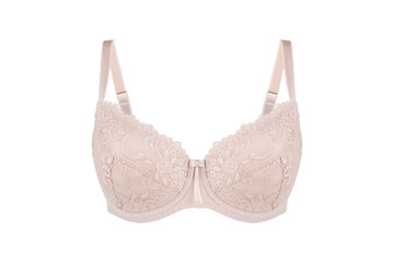 Beautiful beige bra isolated on white background