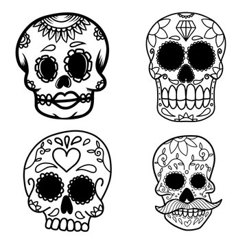 Set of hand drawn mexican sugar skull isolated on white background. Design element for poster, card, banner, t shirt, emblem, sign. Vector illustration