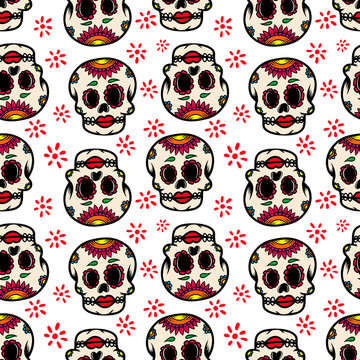 Seamless pattern with mexican sugar skulls. Design element for poster, card, flyer, banner. Vector illustration