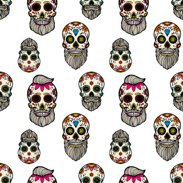 Seamless pattern with mexican sugar skulls. Design element for poster, card, flyer, banner. Vector illustration