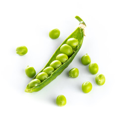 stalk of green peas on a white background