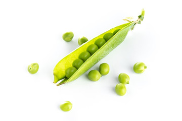 stalk of green peas on a white background