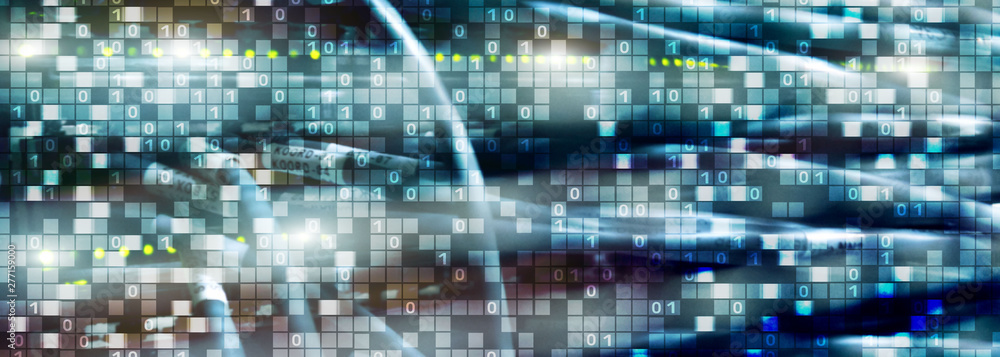 Poster binary code on datacenter background. cyber space concept. uniquetechnology wallpaper.