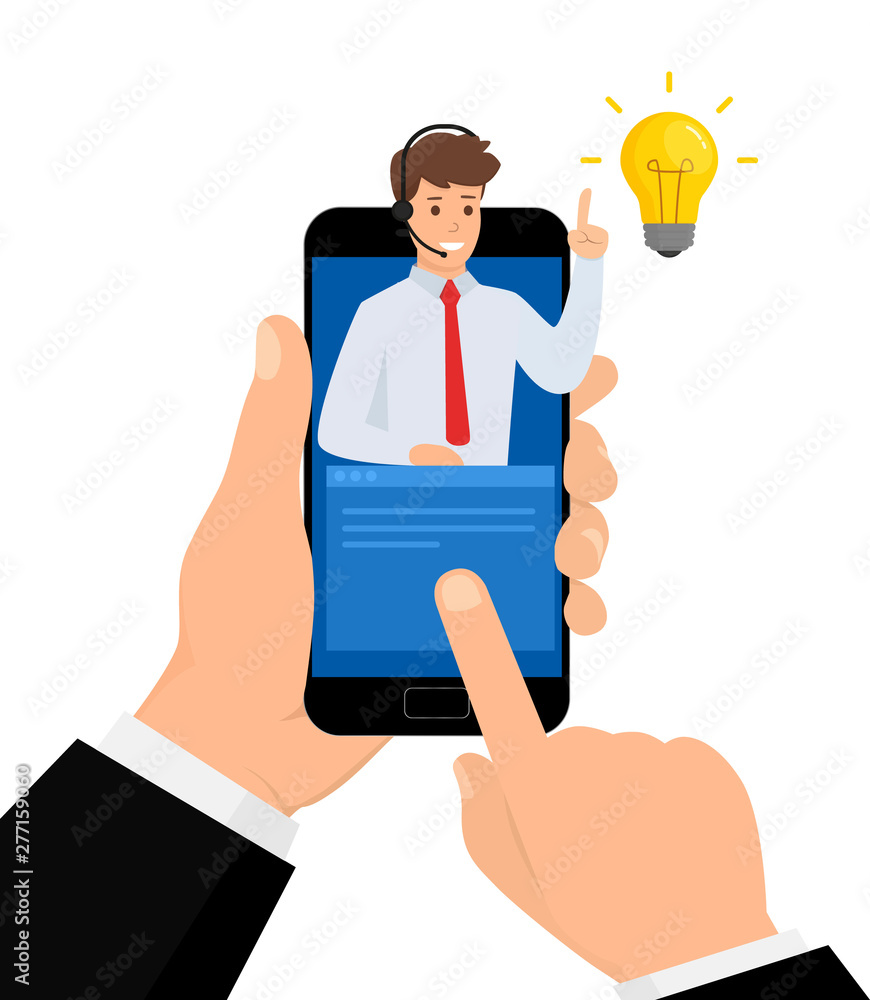 Poster concept customer and operator. man hotline operator advises client with smartphone. online support 2