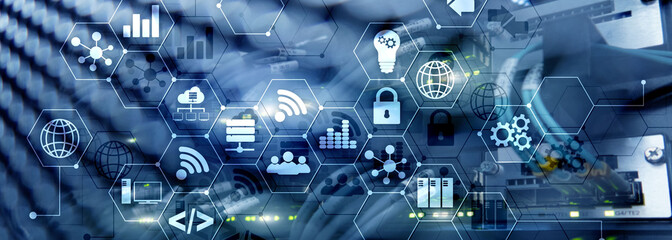 ICT - information and telecommunication technology and IOT - internet of things concepts. Diagrams with icons on server room backgrounds.