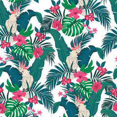 vector seamless botanical tropical pattern with parrots and flowers. Floral exotic background design with banana leaf, areca palm leaves, monstera leaves, hibiscus flowers, frangipani.