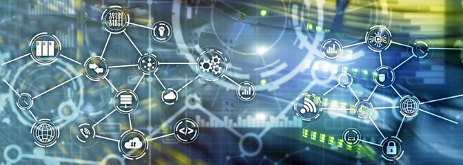Universal Electronics Technology Background. Internet Concept of global business. Server rack blurred background.