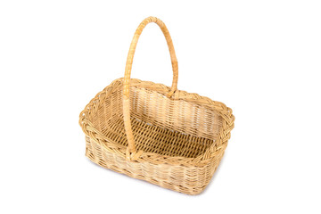 Top view weave bamboo and rattan wood tray basket with handle isolated on white background. Wicker wooden basket isolated