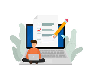 Online exam. Online training courses, online book, distance education. Vector illustration. Flat design. EPS 10.